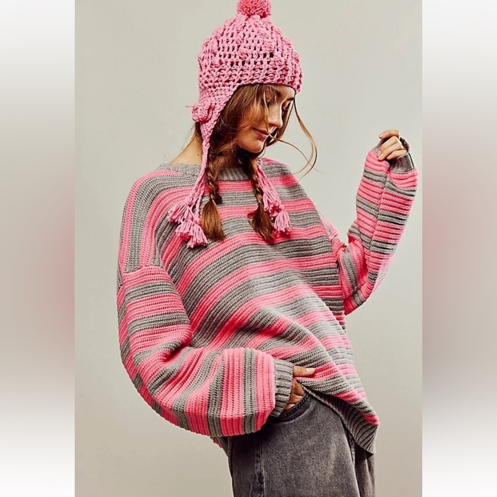 Free People Links Oversized Pullover Vibrant Pink and Gray Striped Sweater